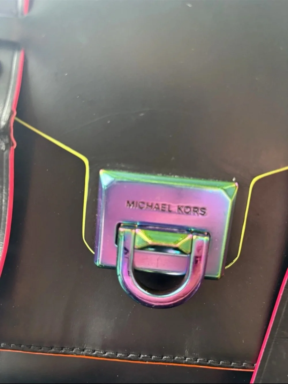 Michael Kors Black Satchel with Iridescent Hardware and Red Trim